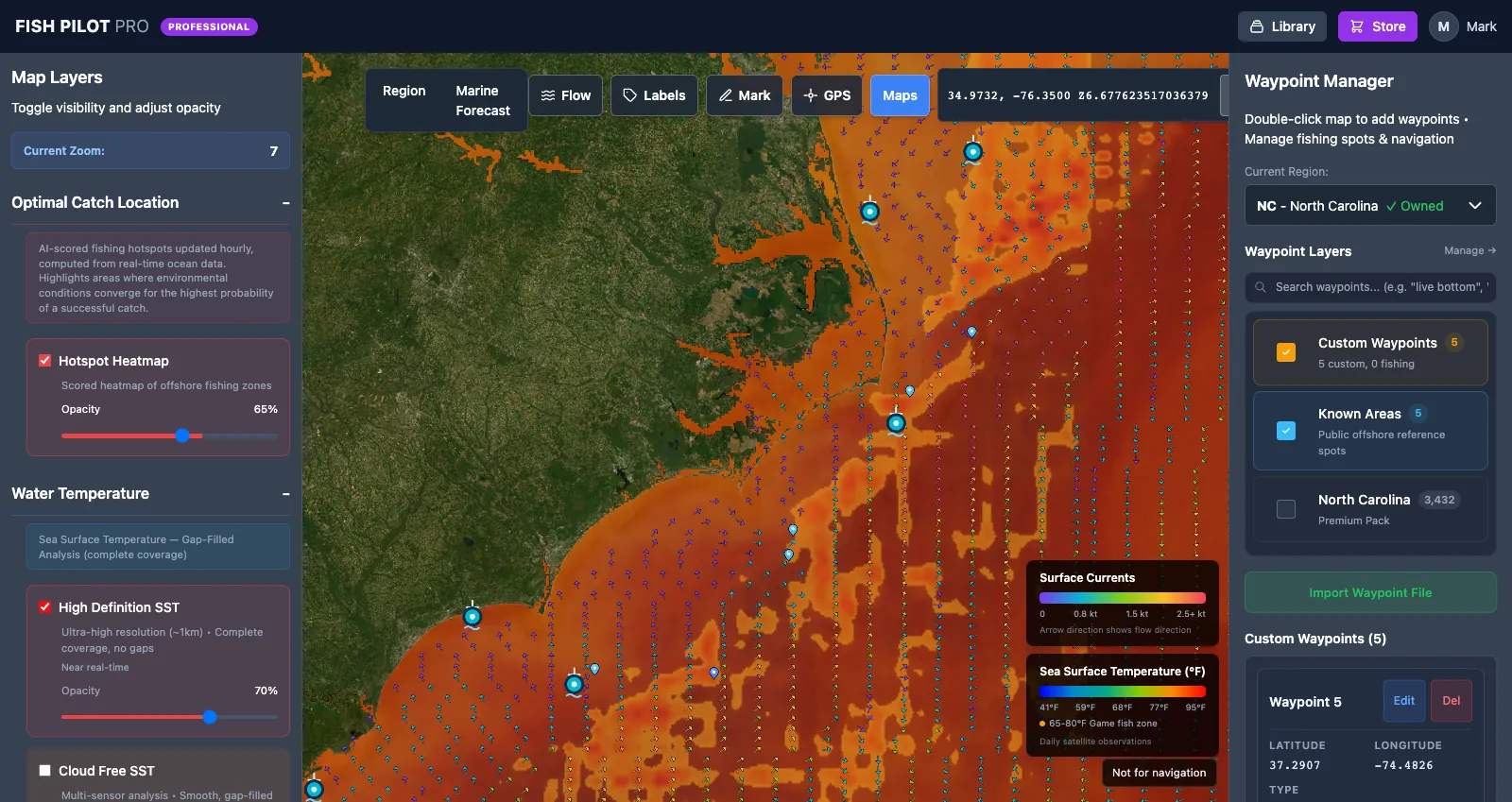 Fish Pilot Pro map of the North Carolina coast with a sea surface temperature layer, current arrows, hotspot heatmap, and waypoint markers.