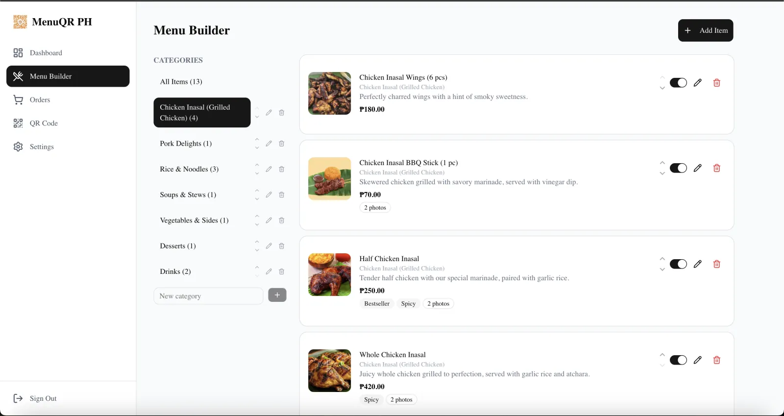 MenuQR PH: the Menu Builder dashboard with categories and items on desktop.